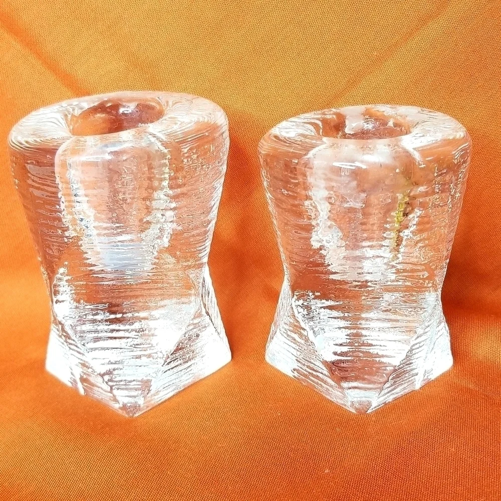 2 Vintage Rare Structural 3D Textured Glass Candlestick Holders MCM style